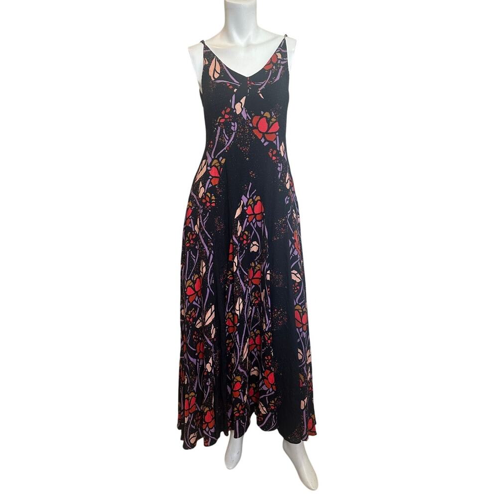Free People Floral Smocked Maxi Dress XS Black Pink Purple Boho Stretch - Picture 14 of 14